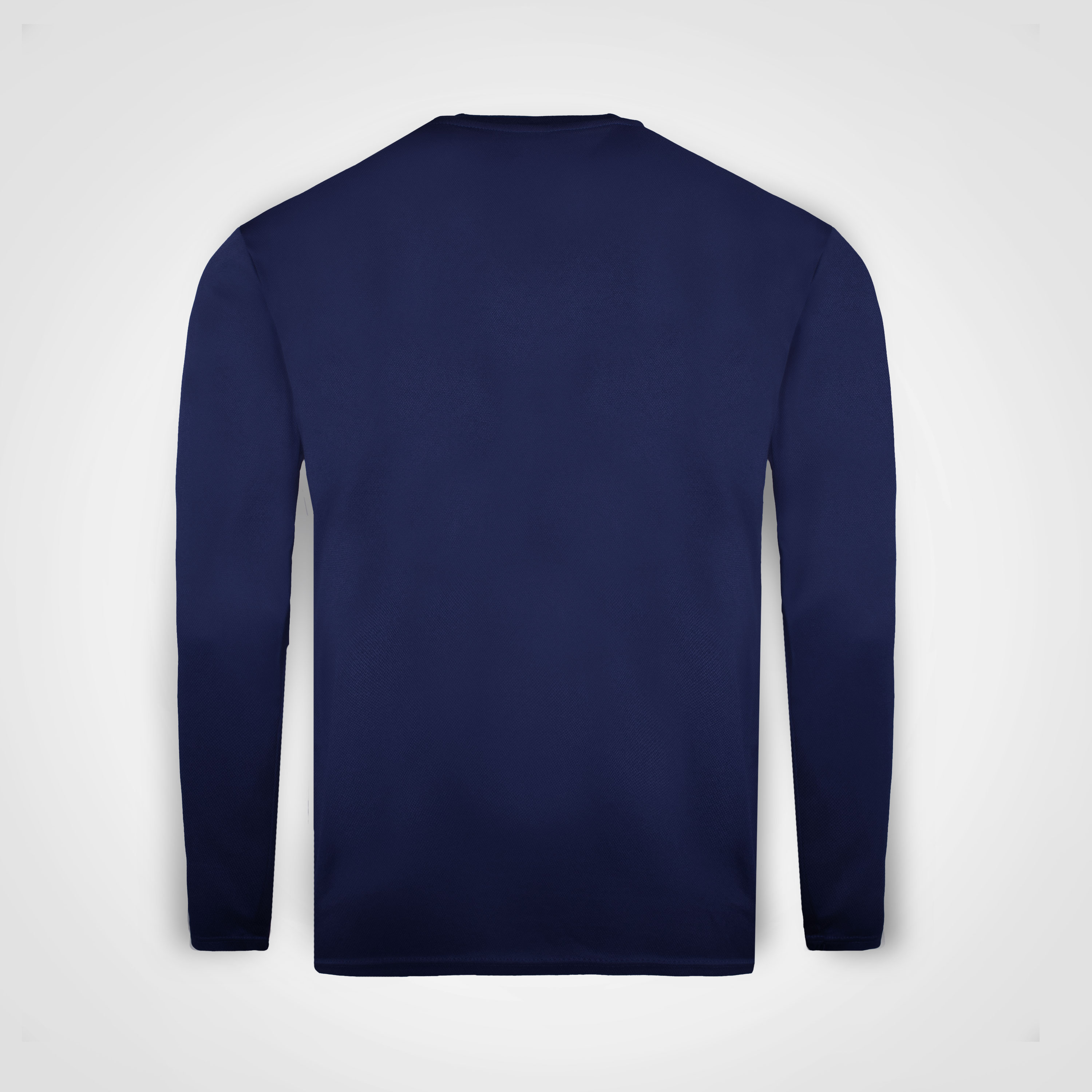 Navy long-sleeve knit top shown from the back.