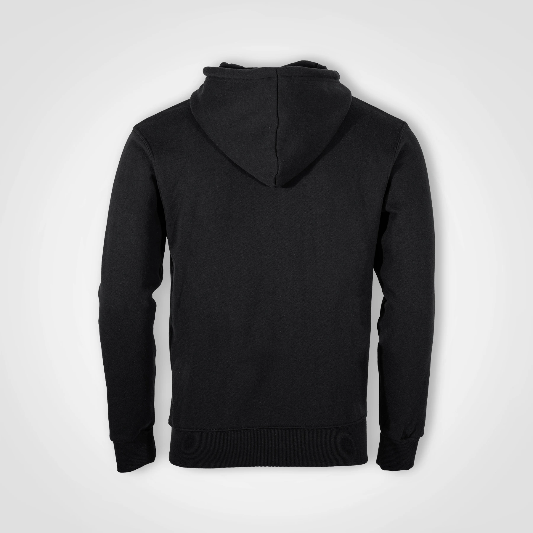 Black pullover hoodie shown from the back.