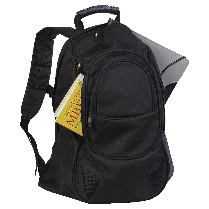 Black branded backpack with side pocket and padded shoulder straps.