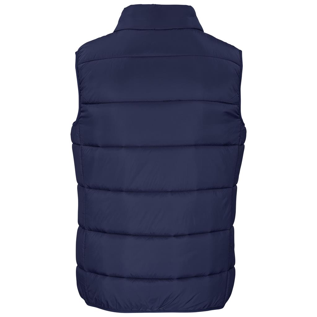 Navy sleeveless padded bodywarmer shown from the back