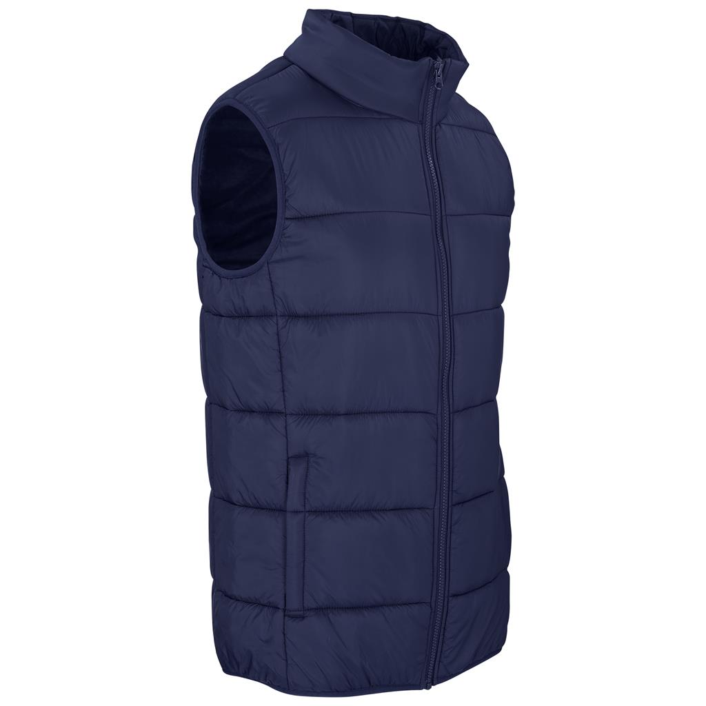 Navy sleeveless padded bodywarmer shown from the side.