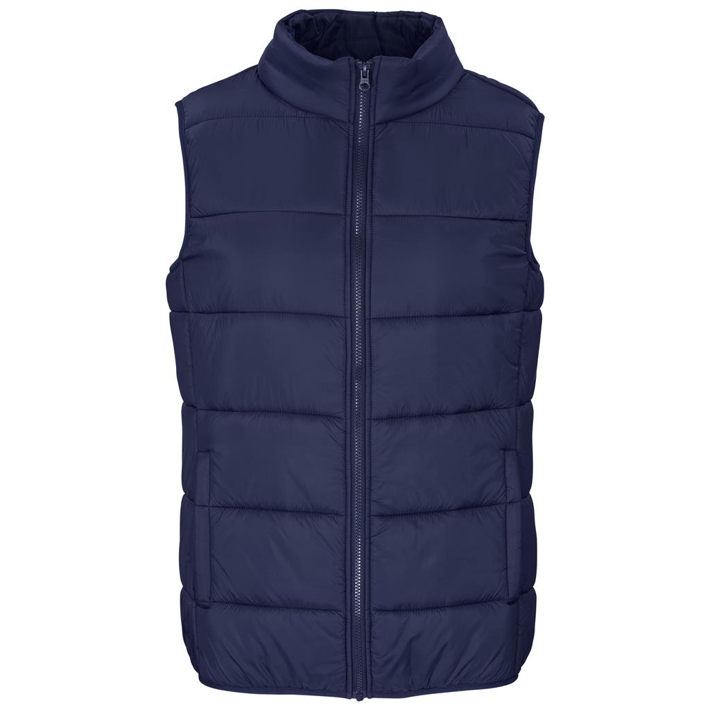Navy sleeveless padded bodywarmer shown from the front.