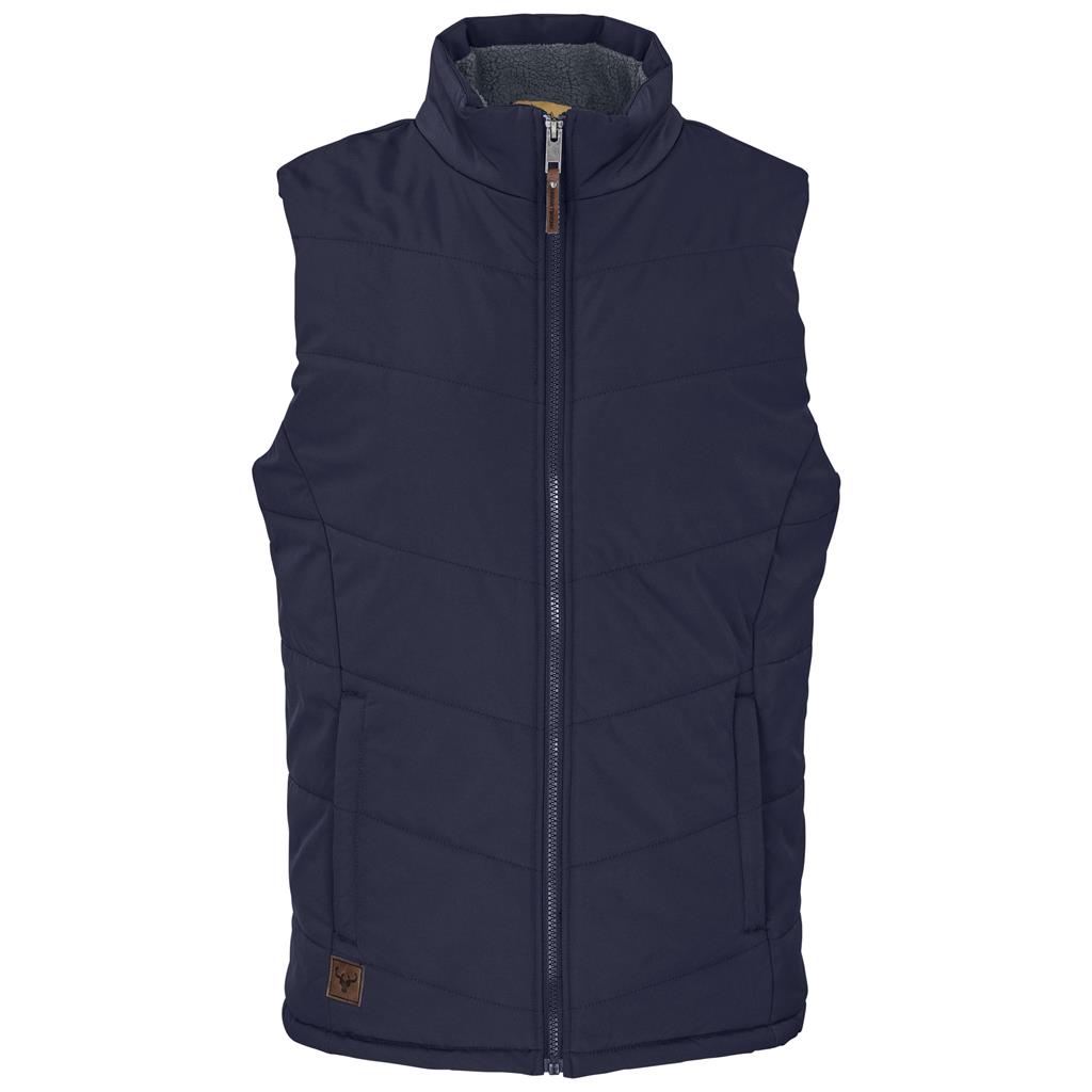 Navy sleeveless bodywarmer with high collar.