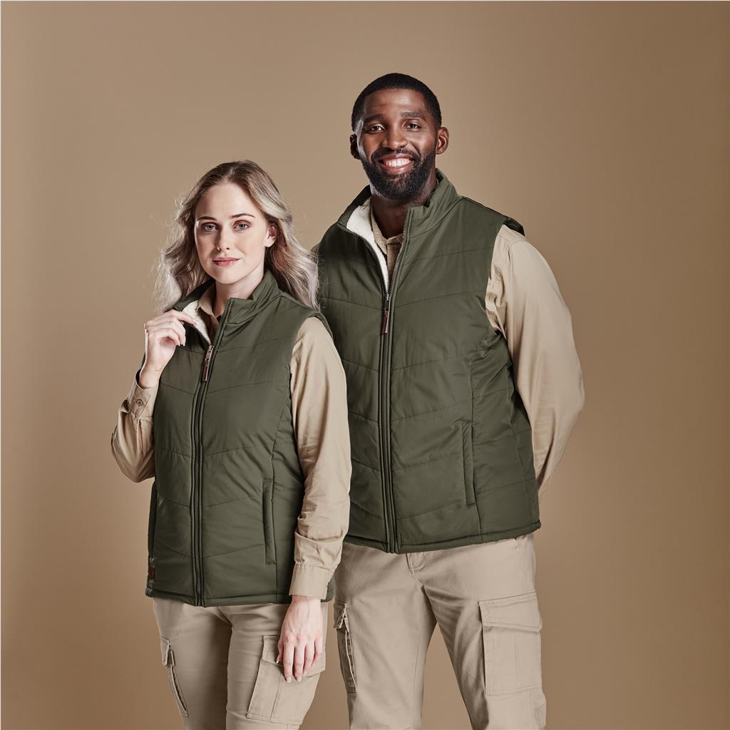 Male and female models wearing olive green branded bodywarmers.
