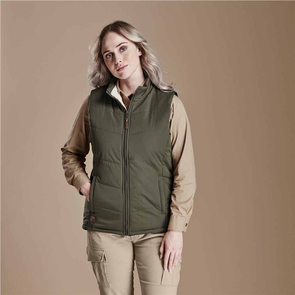 Female model wearing an olive green Mainline Sportswear bodywarmer.