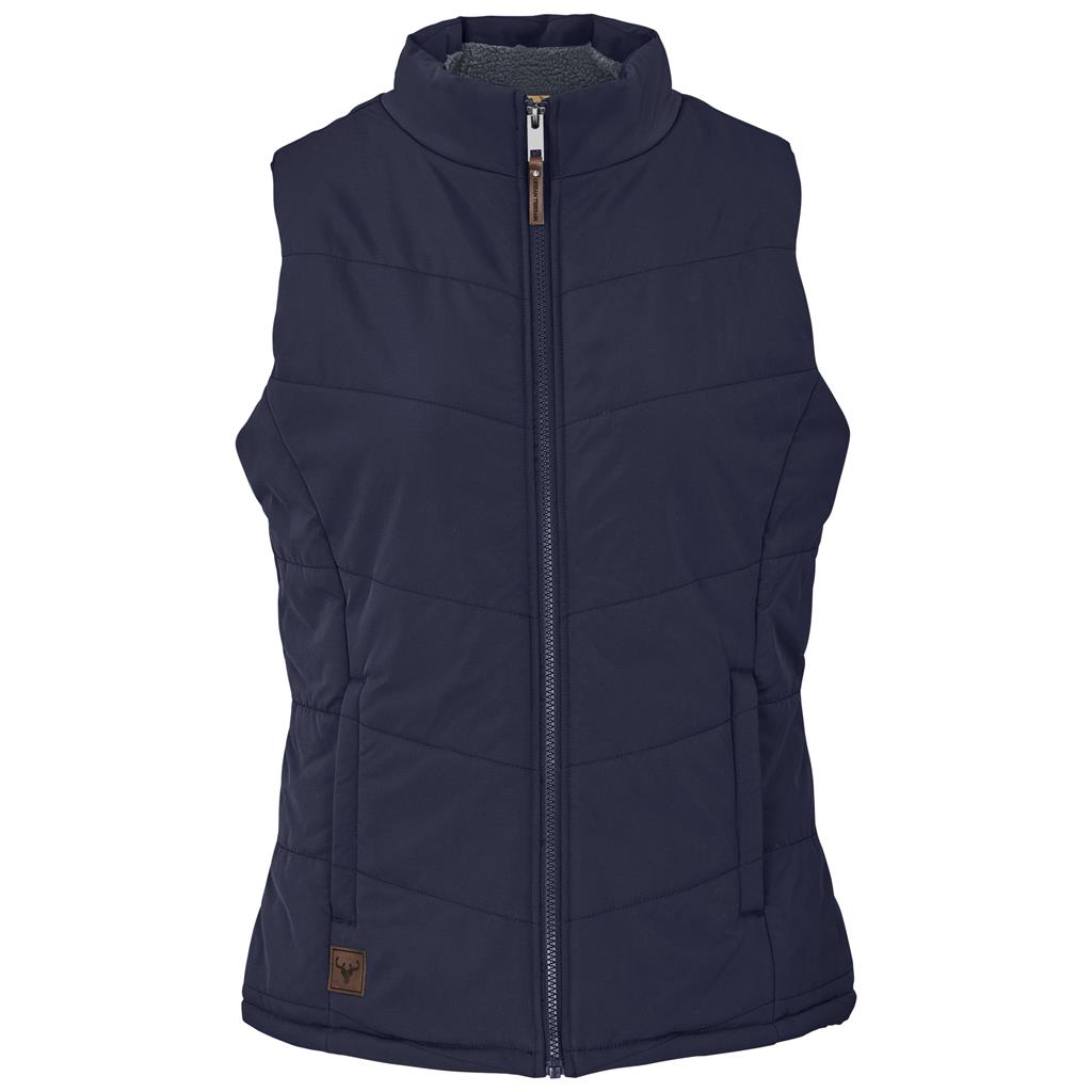 Navy sleeveless bodywarmer with high collar and zip front.