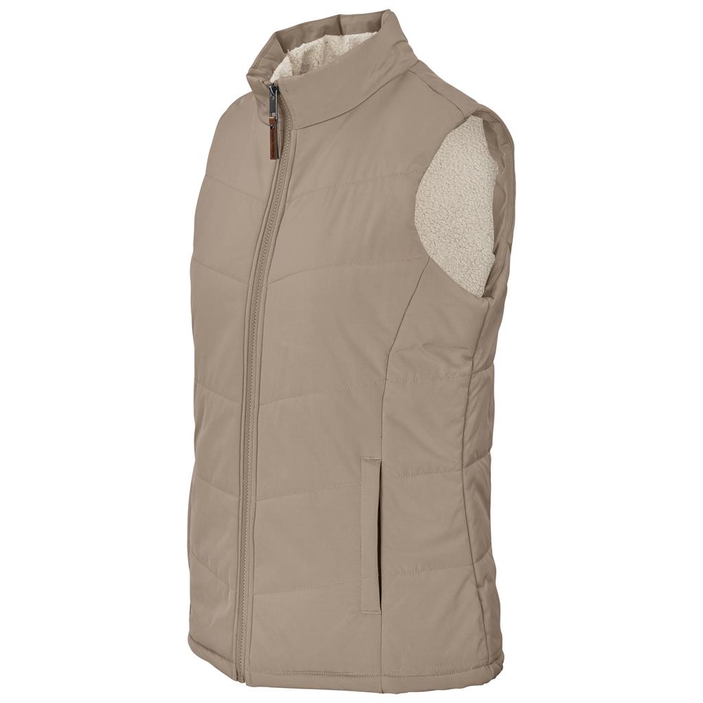 Stone sleeveless bodywarmer with high collar and zip front.