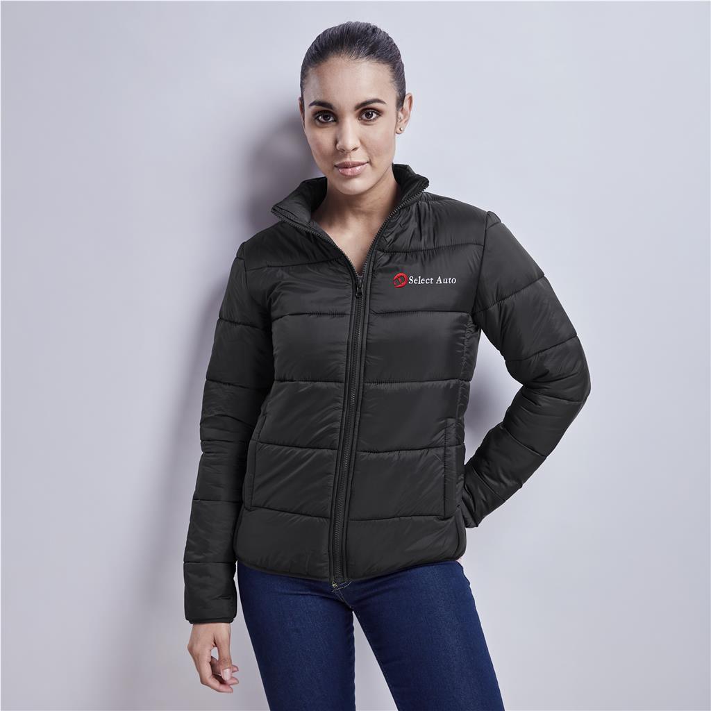 Female model wearing a black branded puffer jacket.