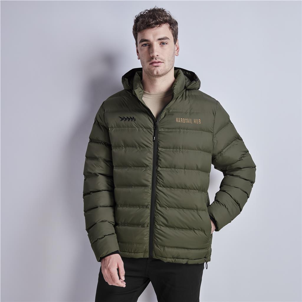 Male model wearing an olive green lightweight puffer jacket.