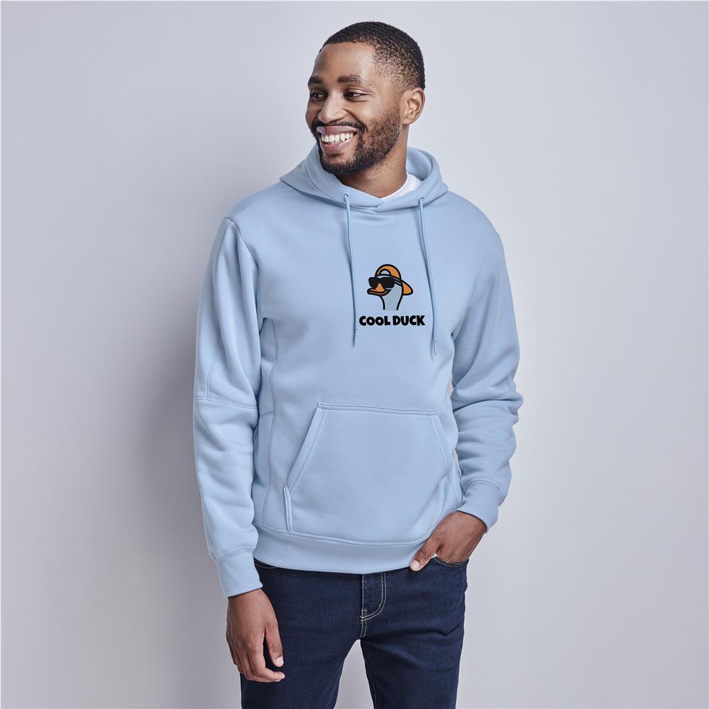 Male model wearing a light blue Mainline Sportswear hoodie.