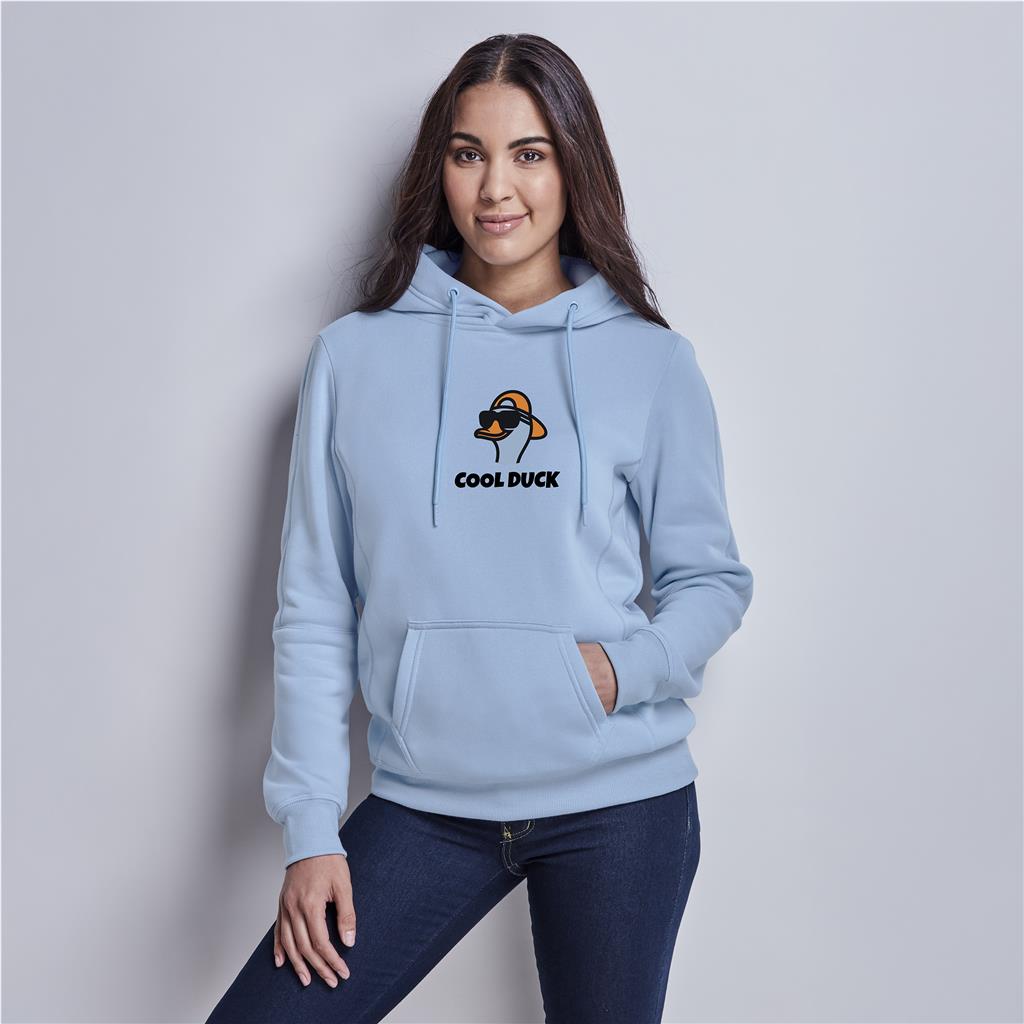 Female model wearing a light blue Mainline Sportswear hoodie.