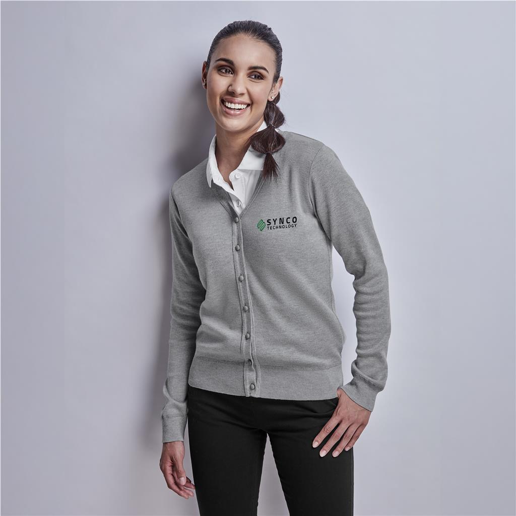Female model wearing a grey Mainline Sportswear cardigan.