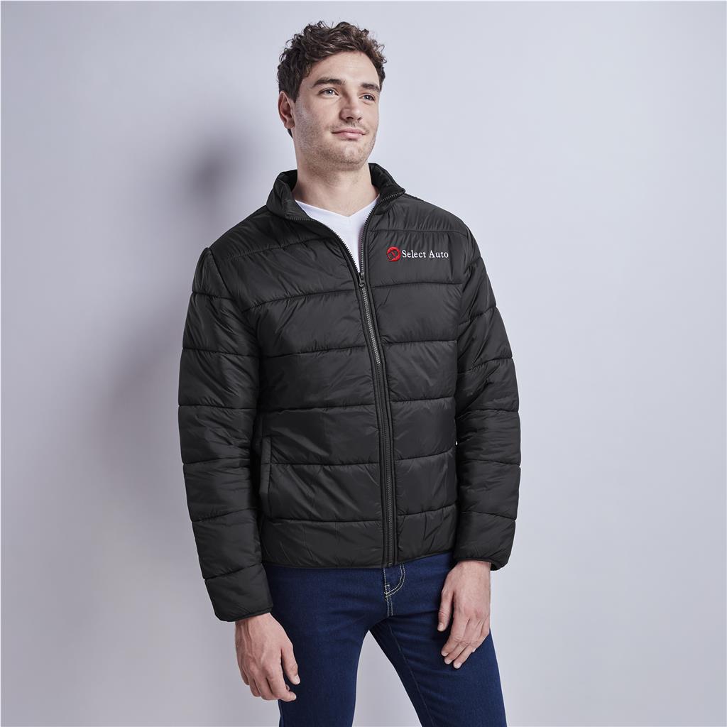 Male model wearing a black Mainline Sportswear puffer jacket.