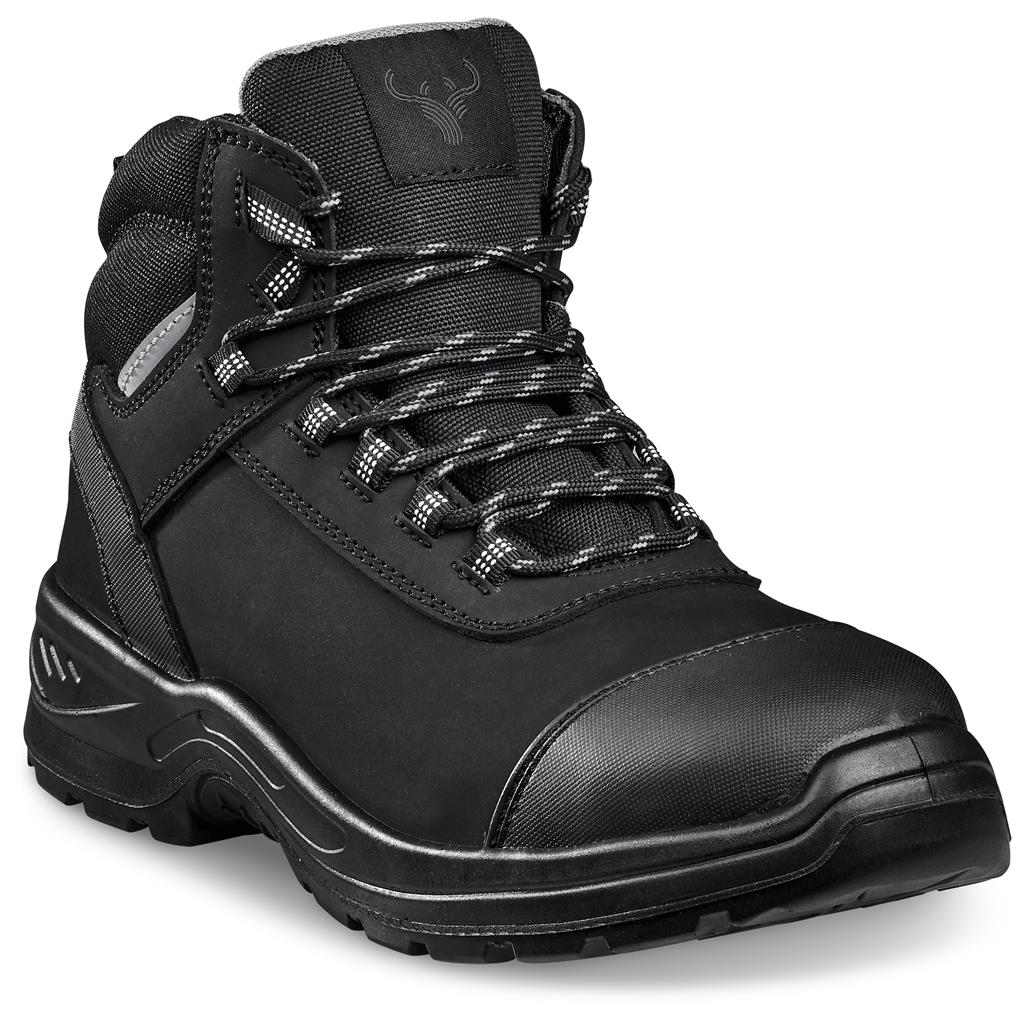Black lace-up hiking boot shown at a three-quarter angle.