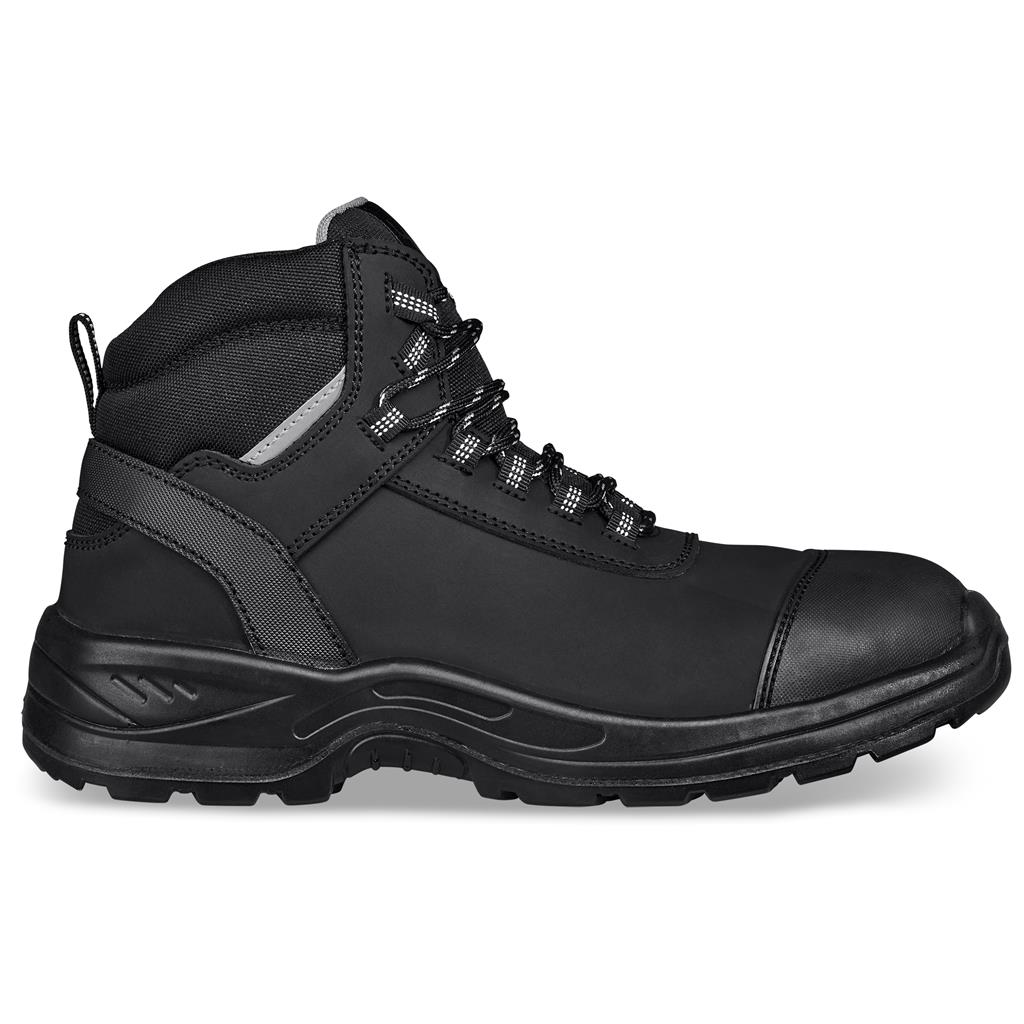 Black outdoor hiking boot shown from the side.