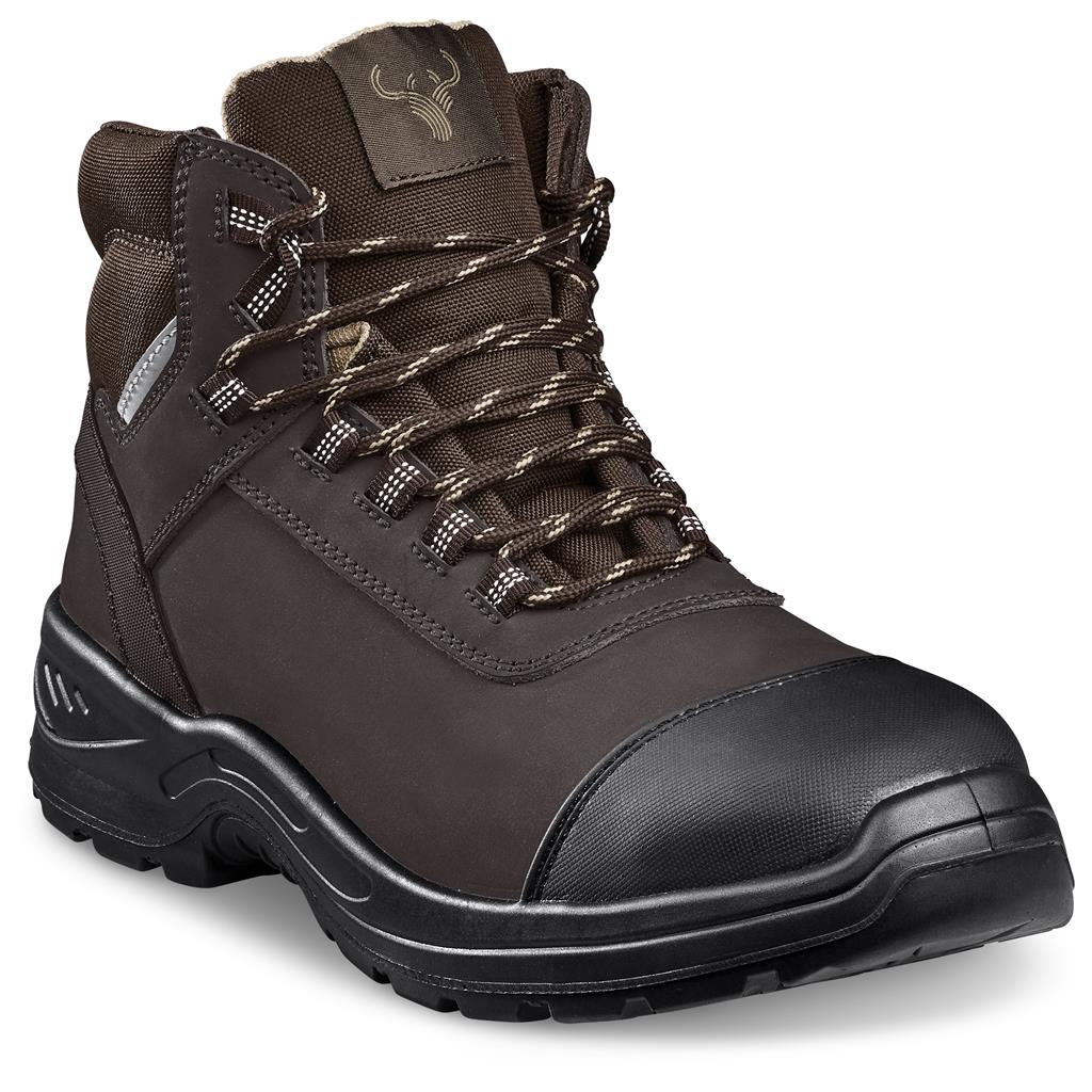 Brown lace-up hiking boot shown from the side.