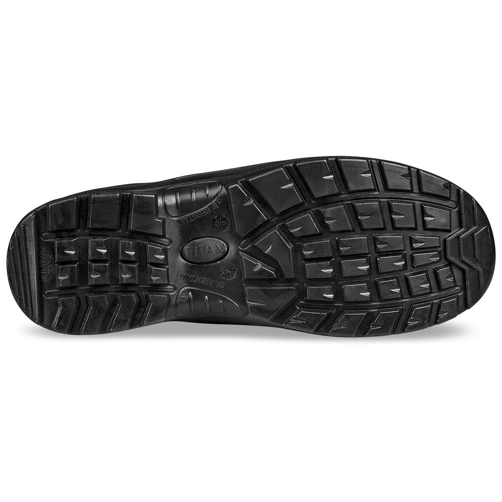 Brown hiking boot sole with rugged traction pattern.