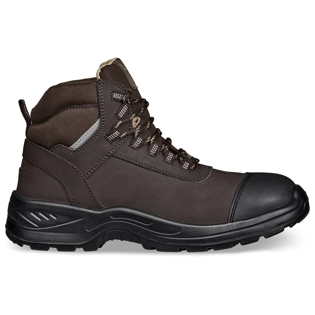 Brown outdoor hiking boot shown from the side.