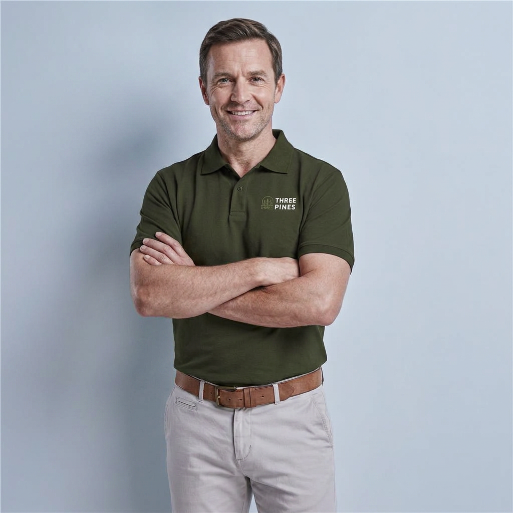 Male model wearing an olive green branded golf shirt.