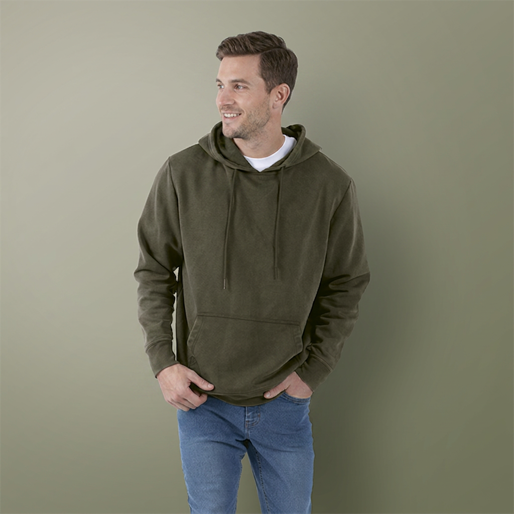 Male model wearing an olive green branded hoodie.