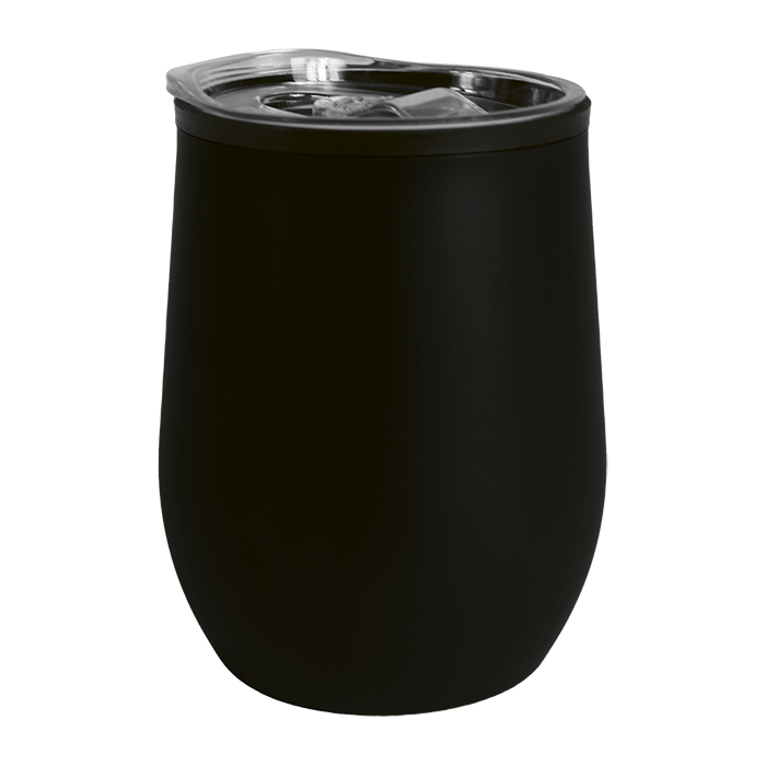 Black stainless steel travel cup with black lid.