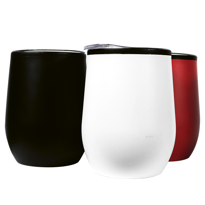 Black, white and red stainless steel travel cups in three colour options.