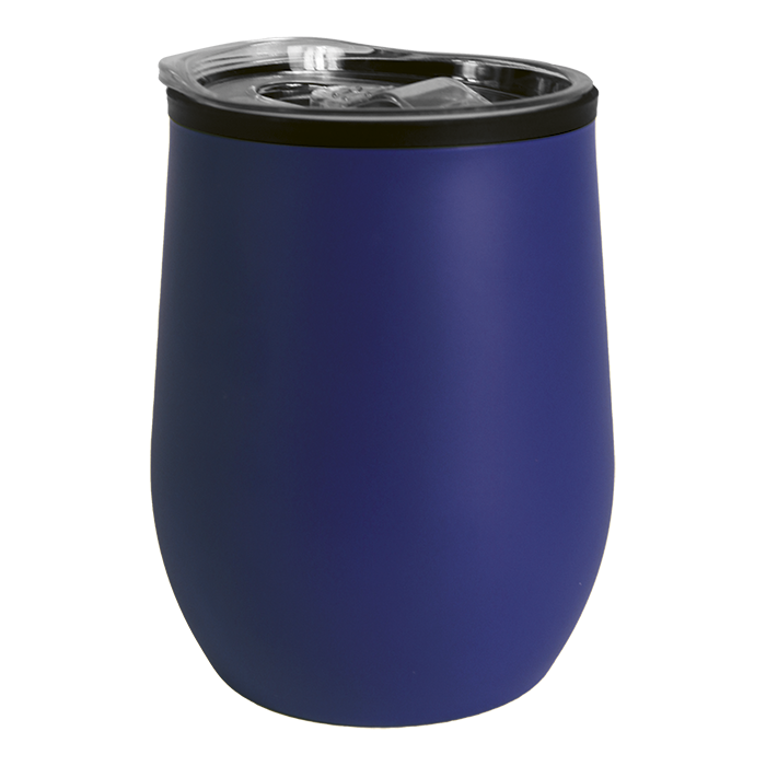 Navy stainless steel travel cup with black lid.