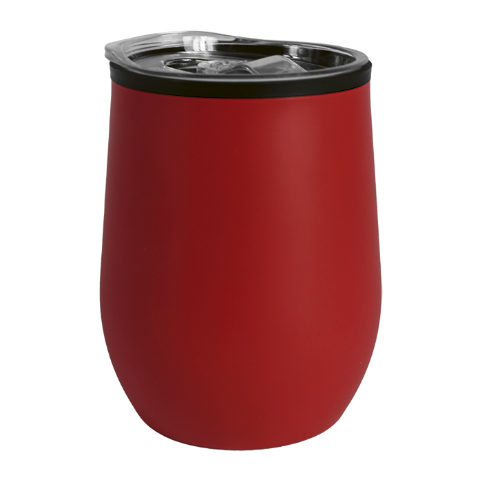 Red stainless steel travel cup with black lid.