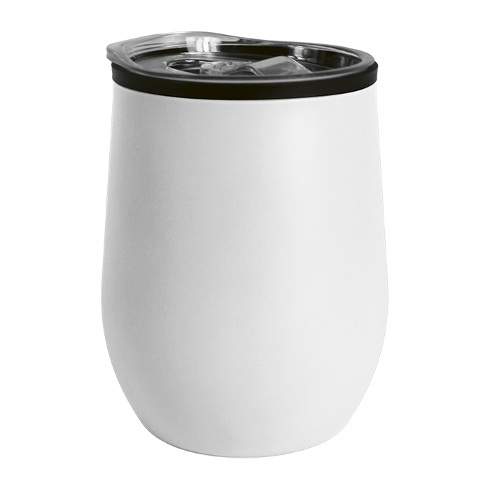 White stainless steel travel cup with black lid.