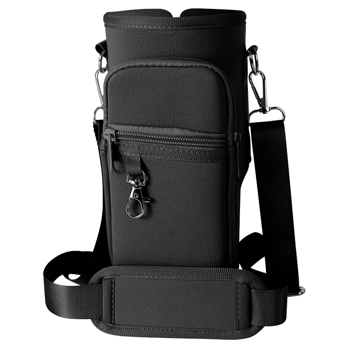 Black crossbody bottle carrier with adjustable strap and front pocket.