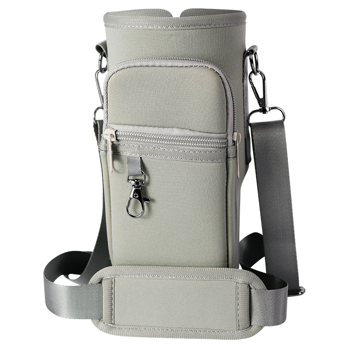 Grey crossbody bottle carrier with adjustable strap and front pocket.