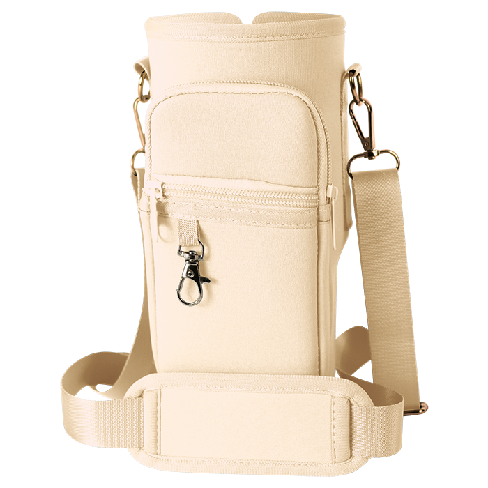 Nude crossbody bottle carrier with adjustable shoulder strap.