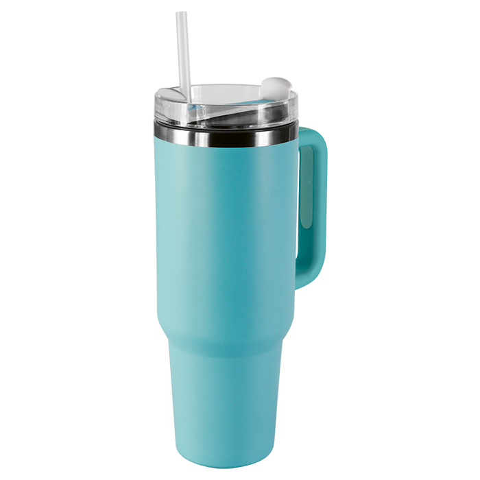 Aqua insulated travel tumbler with handle and straw.