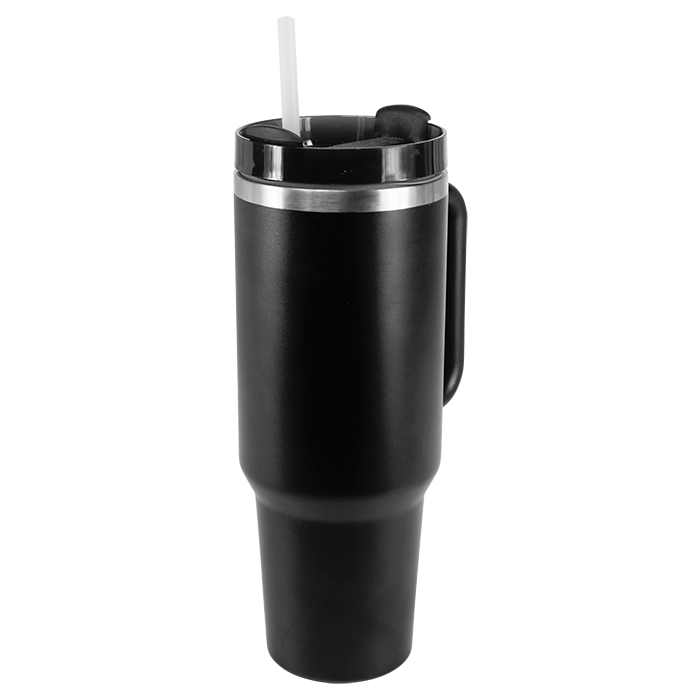 Black insulated travel tumbler with handle and straw.