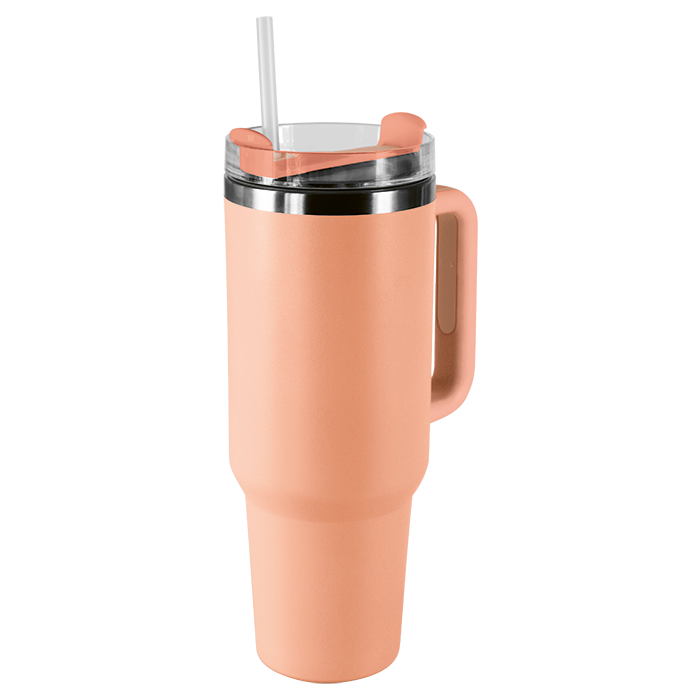 Coral insulated travel tumbler with handle and reusable straw.