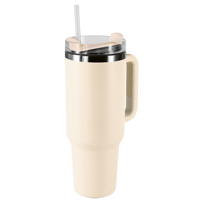 Cream insulated travel tumbler with handle and reusable straw.