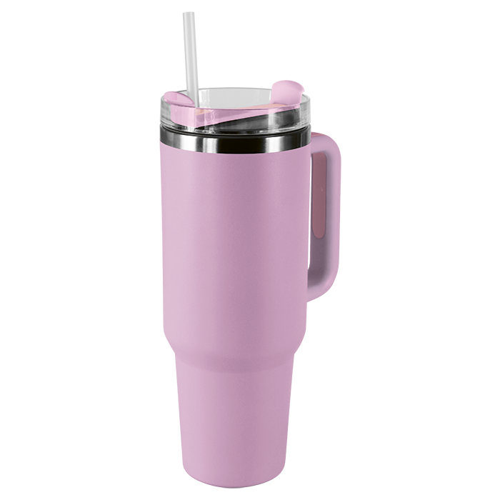 Lilac insulated travel tumbler with handle and reusable straw.