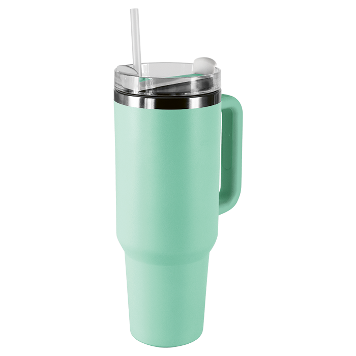 Mint insulated travel tumbler with handle and reusable straw.