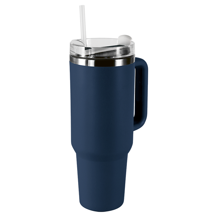 Navy insulated travel tumbler with handle and reusable straw.