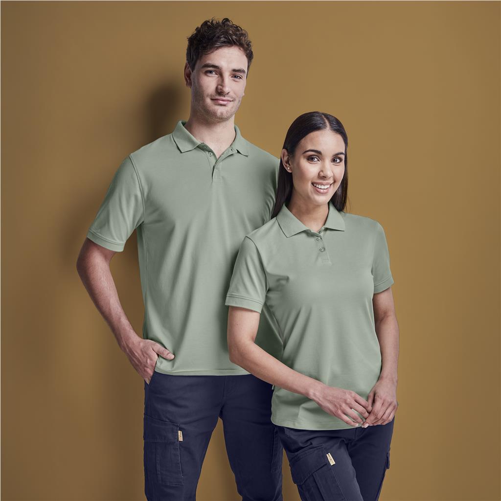 Male and female models wearing sage green branded golf shirts.