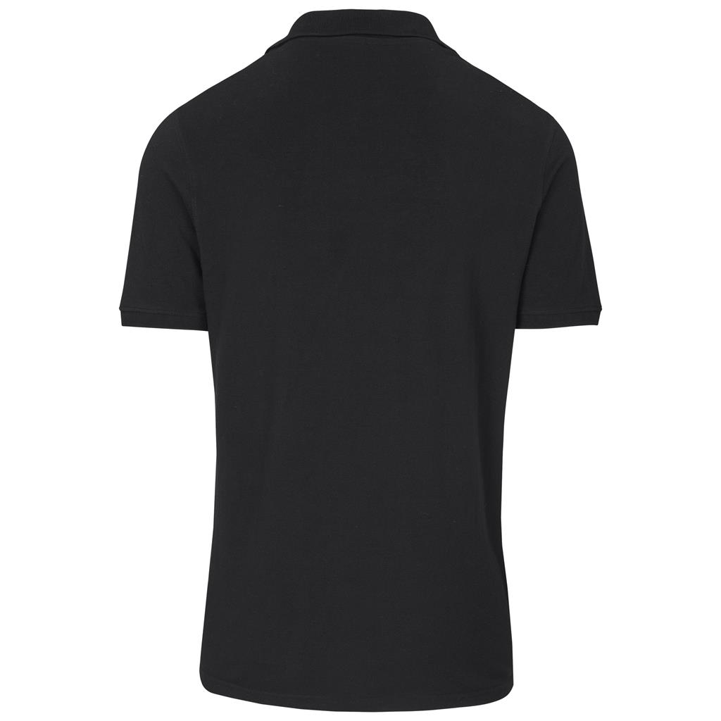 Black short-sleeve golf shirt shown from the back.