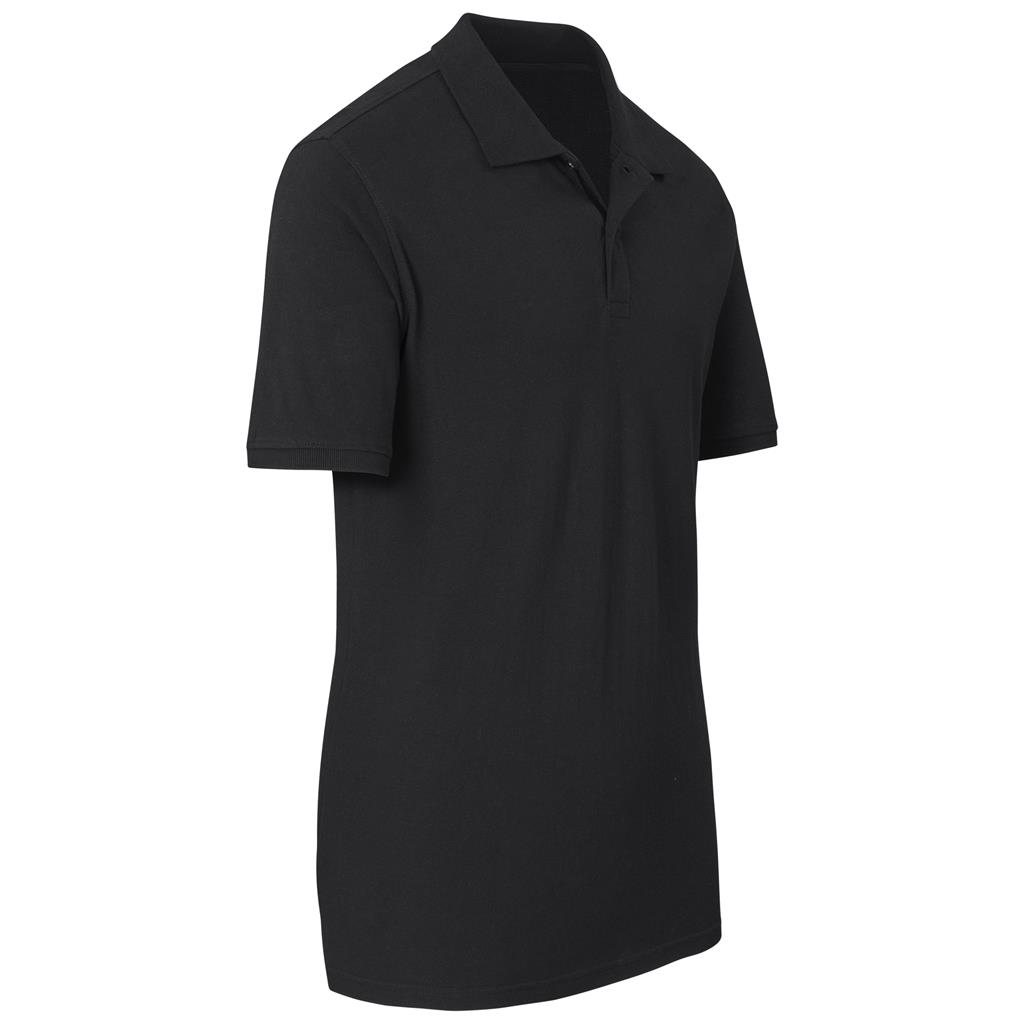 Black short-sleeve golf shirt shown from the side.