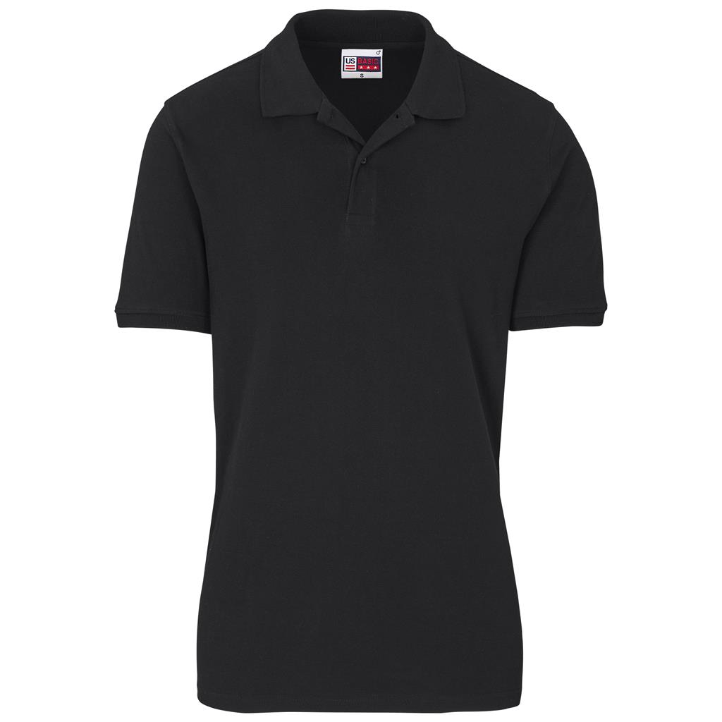 Black short-sleeve golf shirt shown from the front.