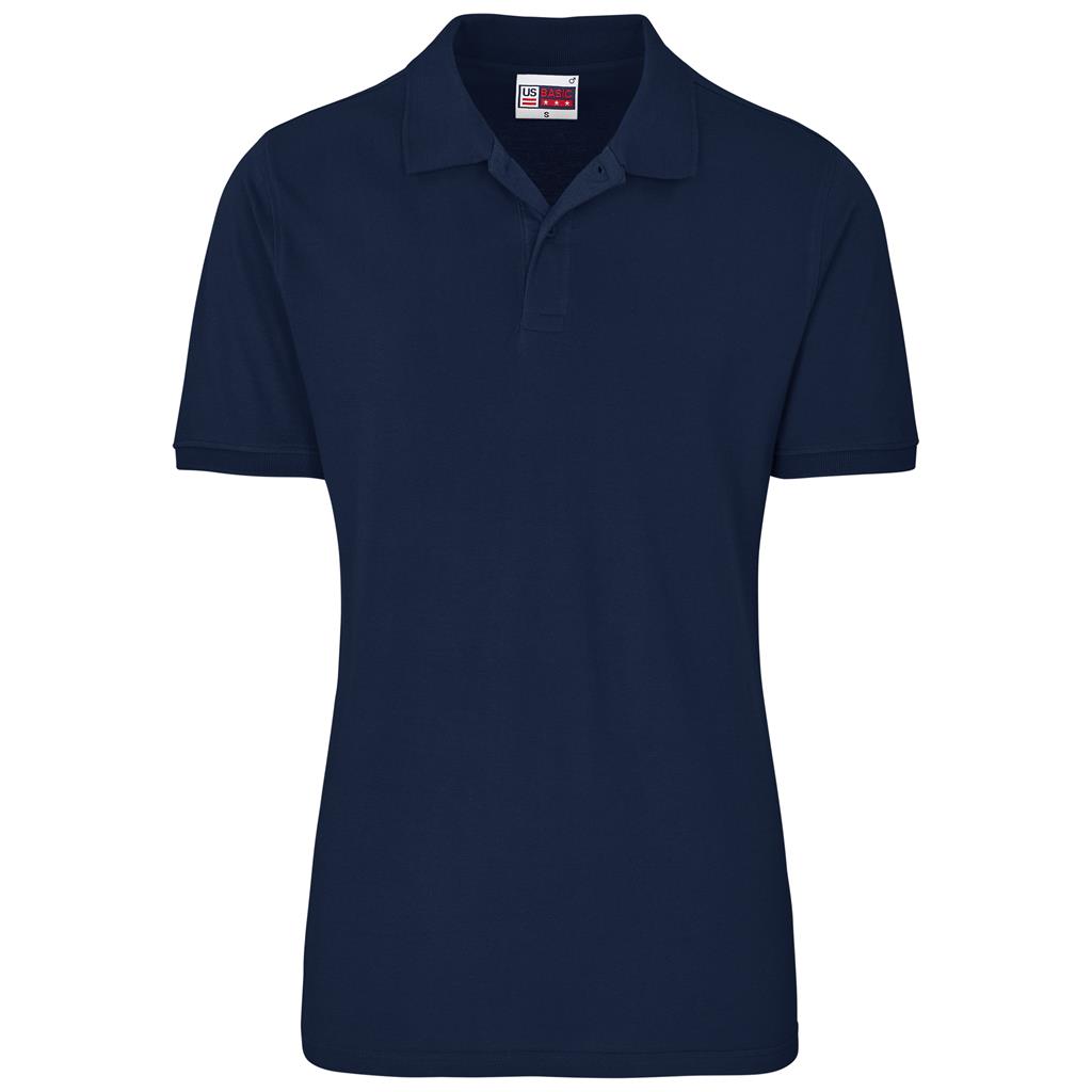 Navy short-sleeve golf shirt for corporate wear.