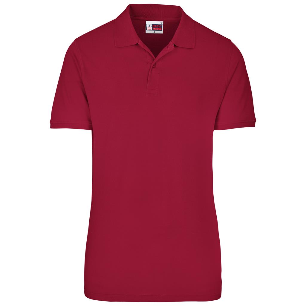 Red short-sleeve golf shirt for corporate branding.