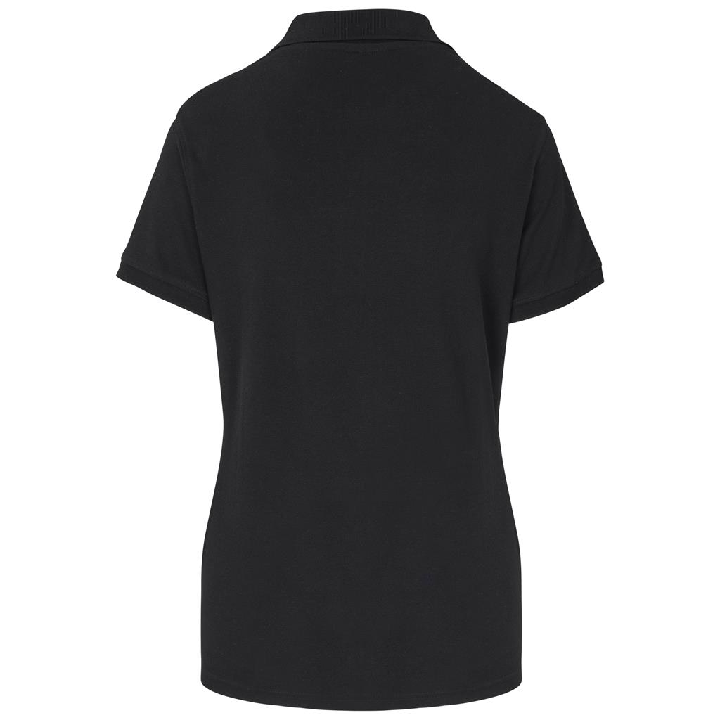 Black women’s short-sleeve golf shirt shown from the back.