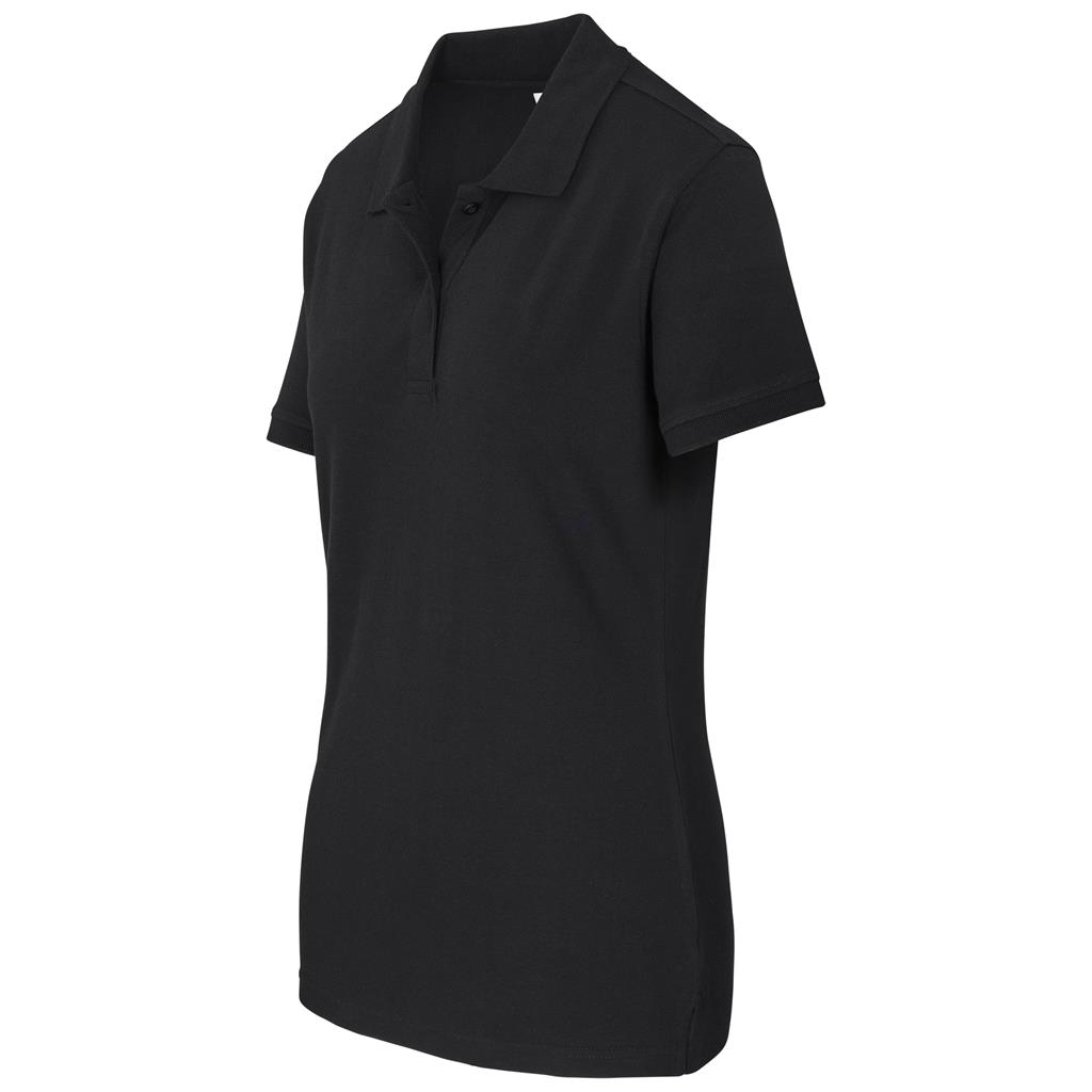 Black women’s short-sleeve golf shirt shown from the side.