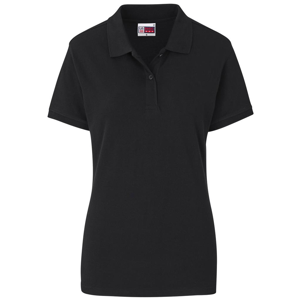 Black women’s short-sleeve golf shirt shown from the front.