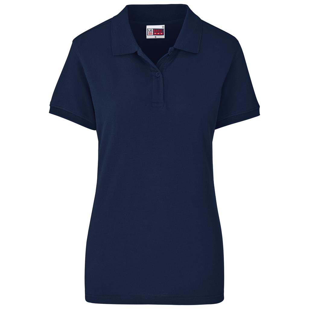 Navy short-sleeve golf shirt for corporate branding.
