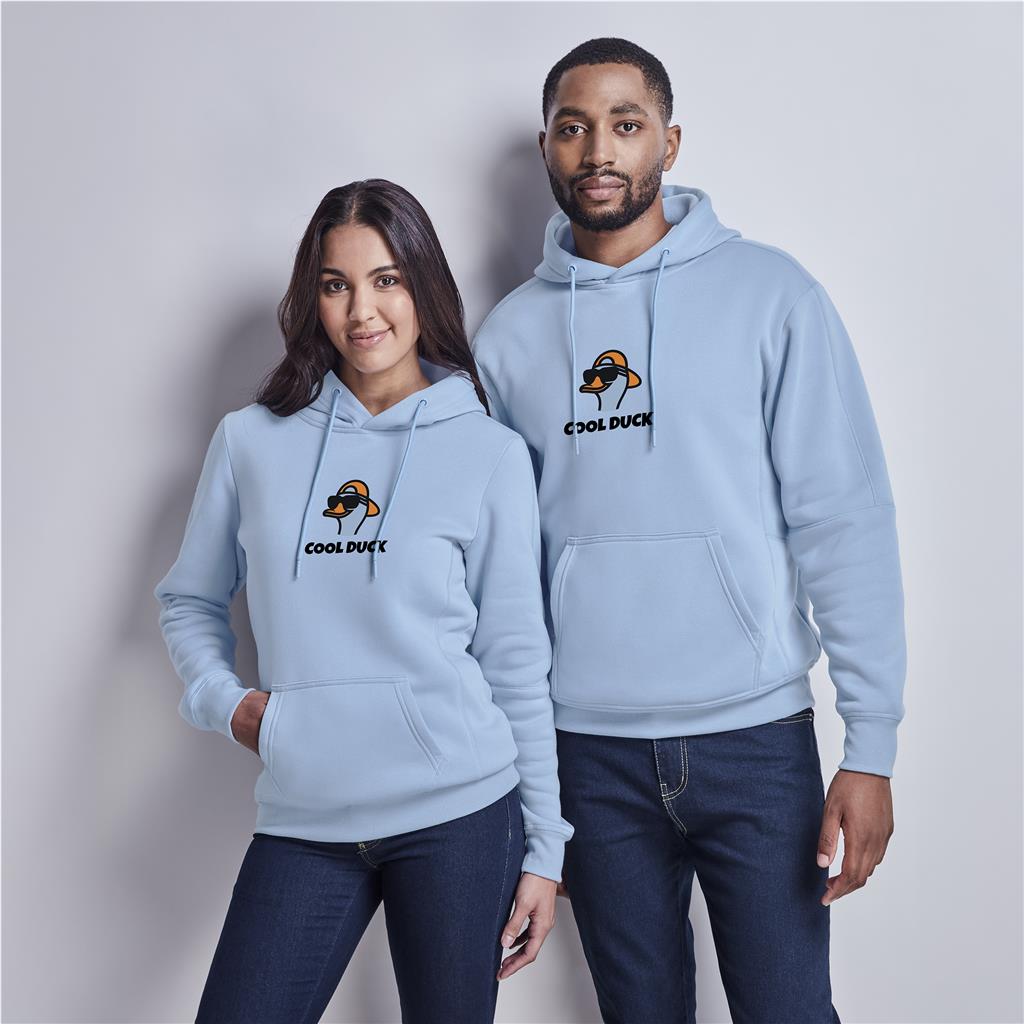 Male and female models wearing matching light blue hoodies.
